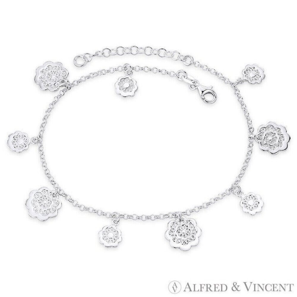 Flower w/ Rolo Chain Italian Love Charm Anklet in .925 Sterling Silver - 9"